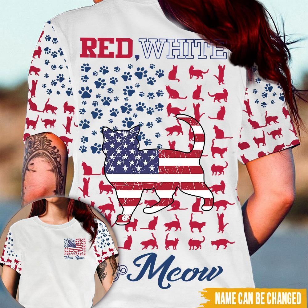 Cat Custom All Over Printed Shirt Red White & Meow 4th Of July Personalized Gift - PERSONAL84