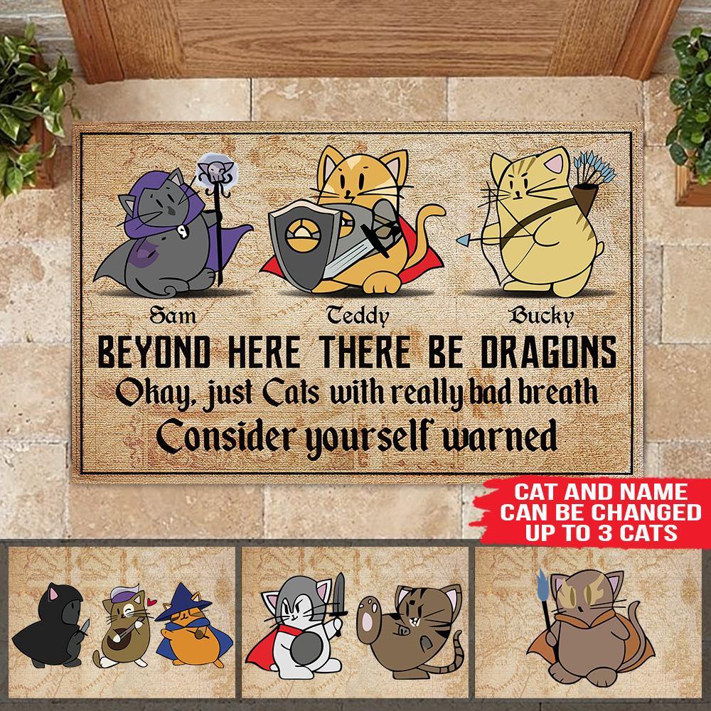 Cat Custom Doormat Beyond Here There'll Be Dragons Cat With Really Bad Breath DnD Personalized Gift - PERSONAL84