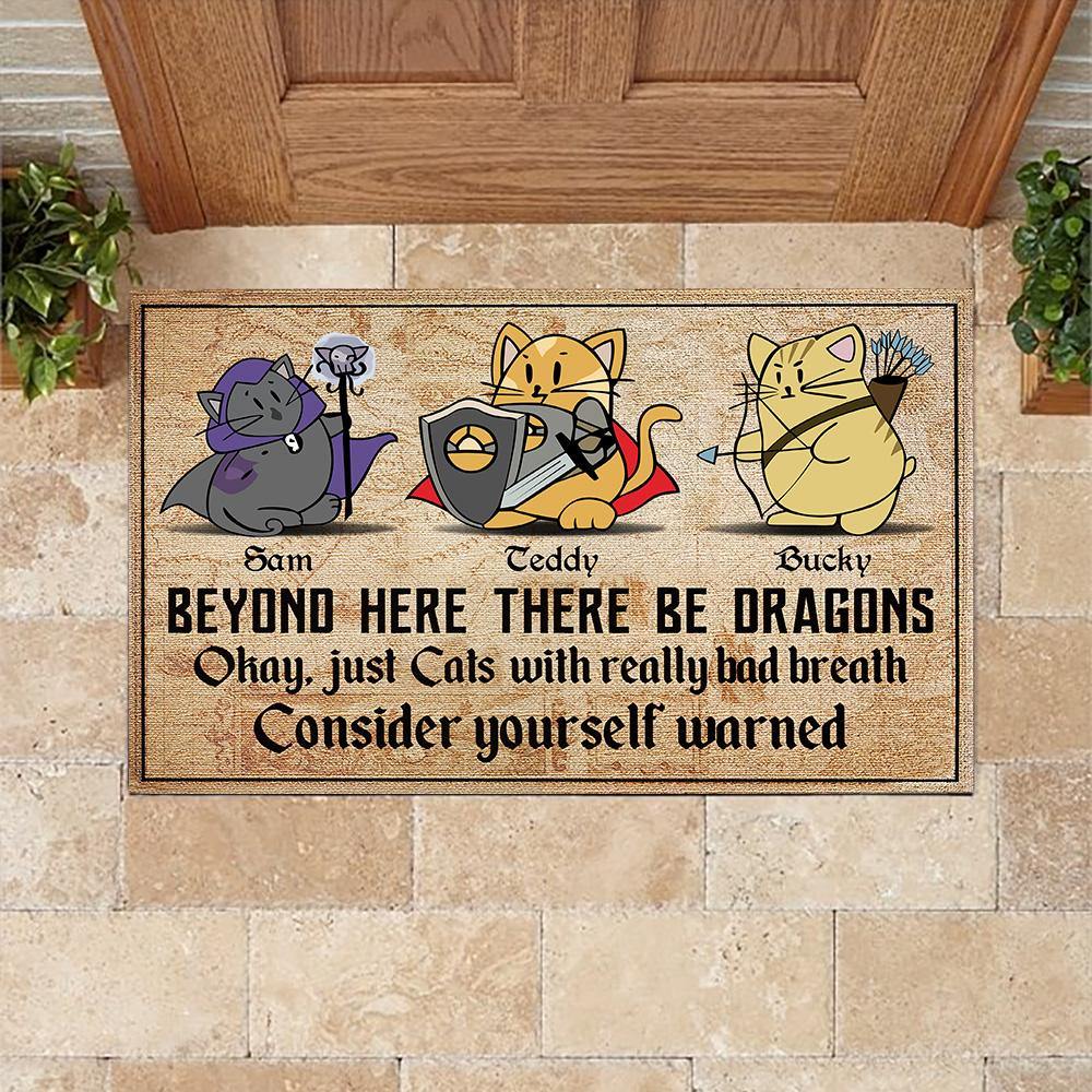 Cat Custom Doormat Beyond Here There'll Be Dragons Cat With Really Bad Breath DnD Personalized Gift - PERSONAL84