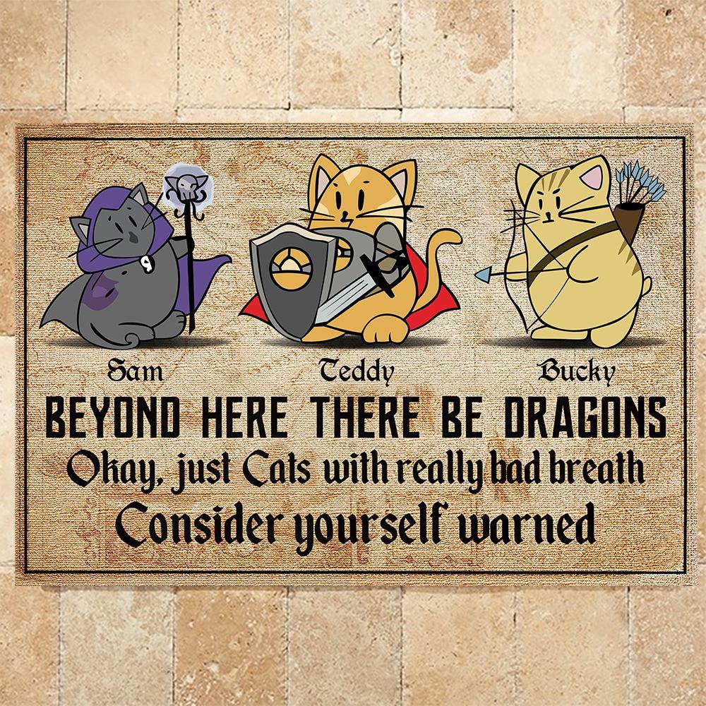 Cat Custom Doormat Beyond Here There'll Be Dragons Cat With Really Bad Breath DnD Personalized Gift - PERSONAL84