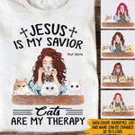 Cat Custom T Shirt Jesus Is My Savior Cats Are My Therapy Personalized Gift - PERSONAL84