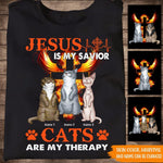 Cat Custom T Shirt Jesus Is My Savior Cats Are My Therapy Personalized Gift - PERSONAL84