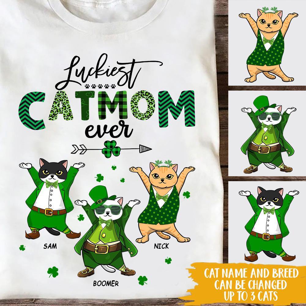 Cat Custom T Shirt St Patrick's Day Luckiest Cat Mom Ever Personalized Gift - PERSONAL84