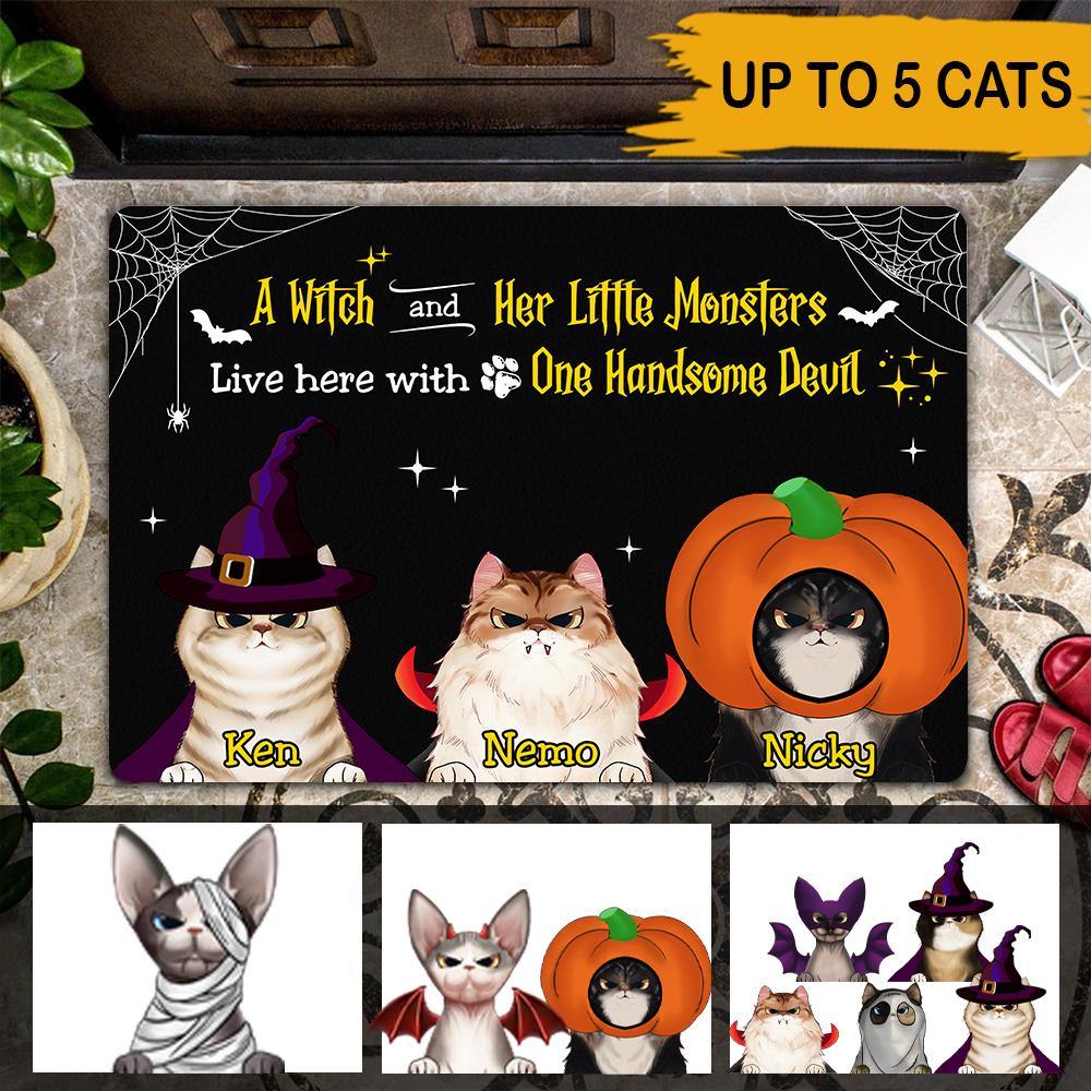 Cat Lovers Custom Doormat A Witch And Her Little Monsters Live Here With One Handsome Devil Personalized Gift - PERSONAL84