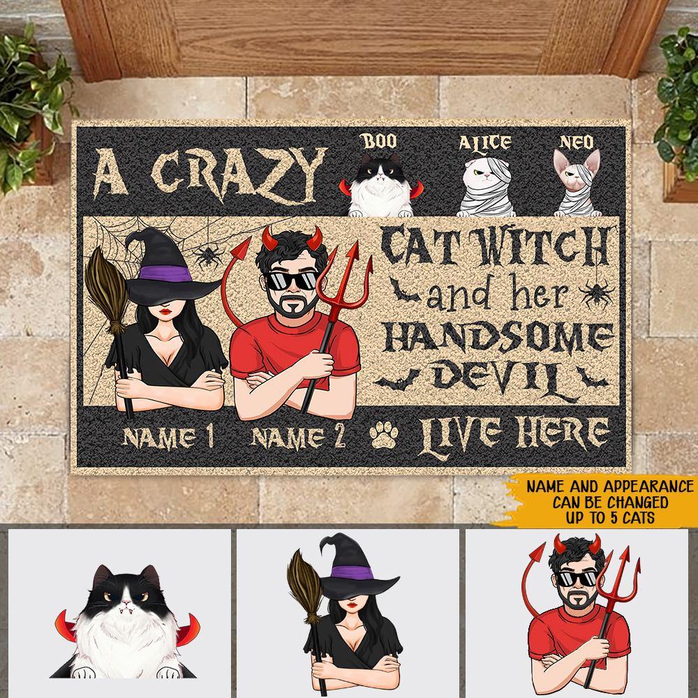 Cat Mom Custom Doormat A Crazy Cat Witch And Her Handsome Devil Live Here Personalized Gift - PERSONAL84