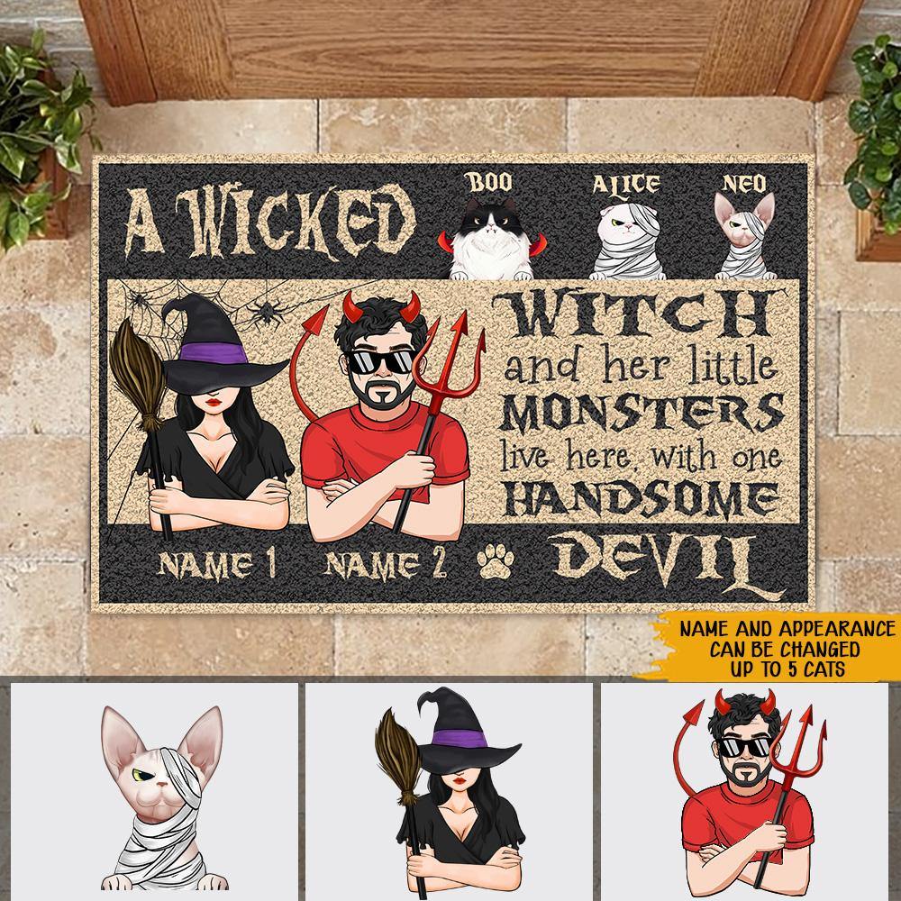 Cat Mom Custom Doormat A Wicked Witch And Her Little Monsters Live Here With One Handsome Devil Personalized Gift - PERSONAL84