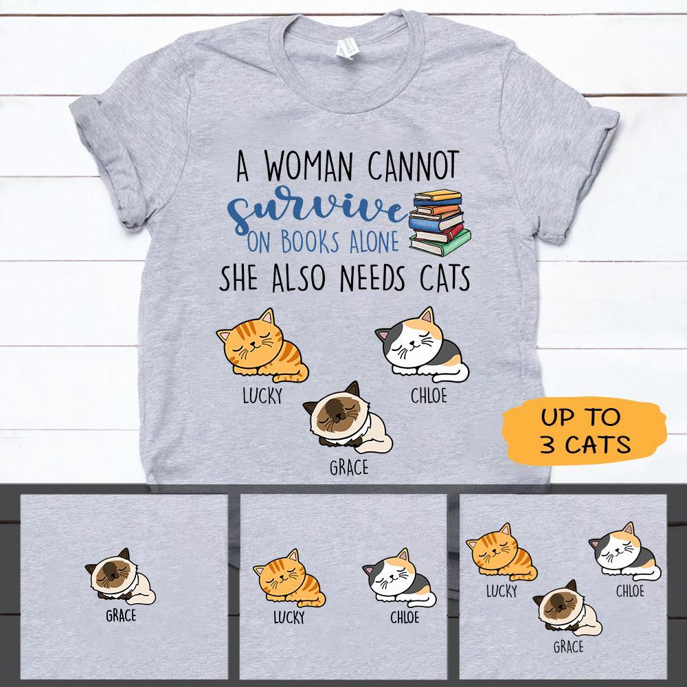 Cats, Books Shirt Personalized Names And Colors A Woman Cannot Survive On Books Alone - PERSONAL84