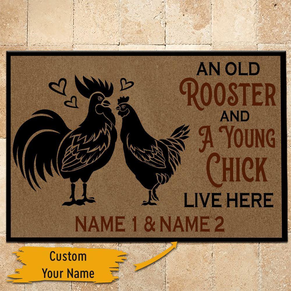 Chicken Custom Doormat An Old Rooster And A Cute Chick Live Here Personalized Gift - PERSONAL84