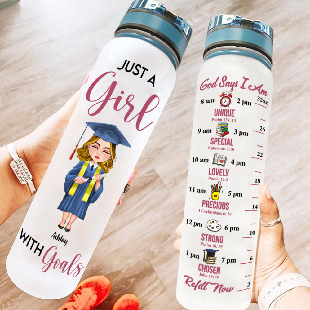 Graduate Custom Tracker Bottle A Girl With Goals God Says I Am Personalized Gift