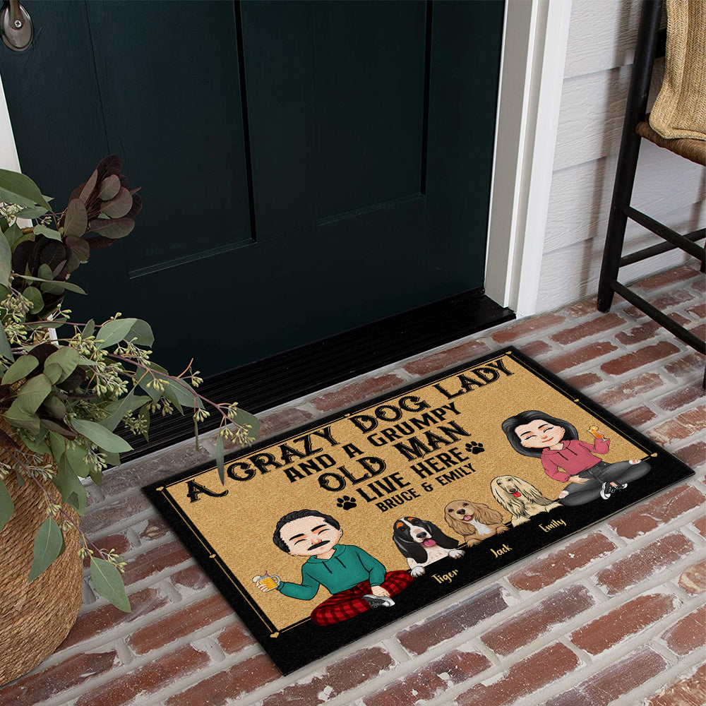 Dog Custom Doormat A Crazy Dog Lady And A Grumpy Old Man Live Here Personalized Gift