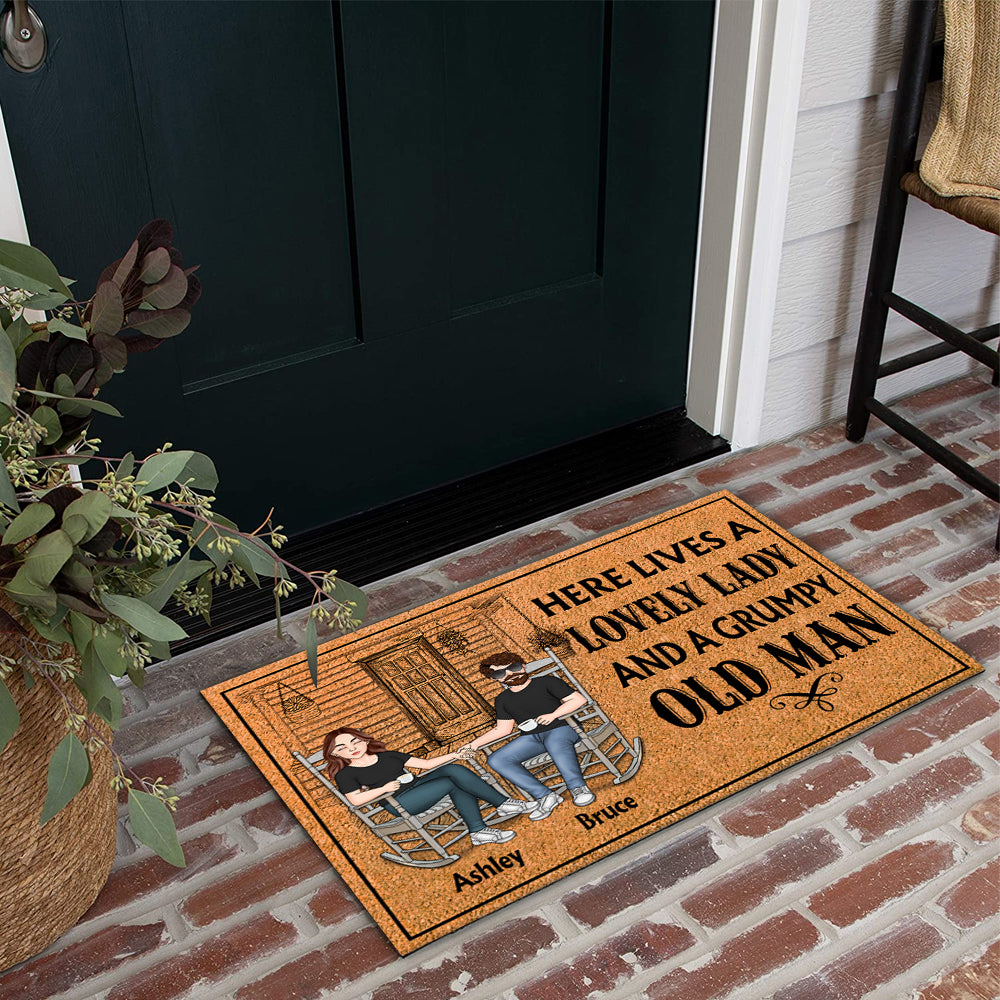 Married Couple Custom Doormat Here's Live A Lovely Lady And Grumpy Old Man Personalized Gift