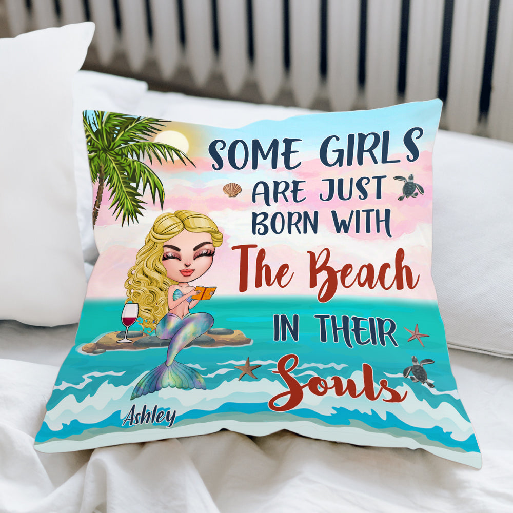 Mermaid Book Lover Custom Pillow Some Girls Are Born With The Beach In Their Souls Personalized Gift