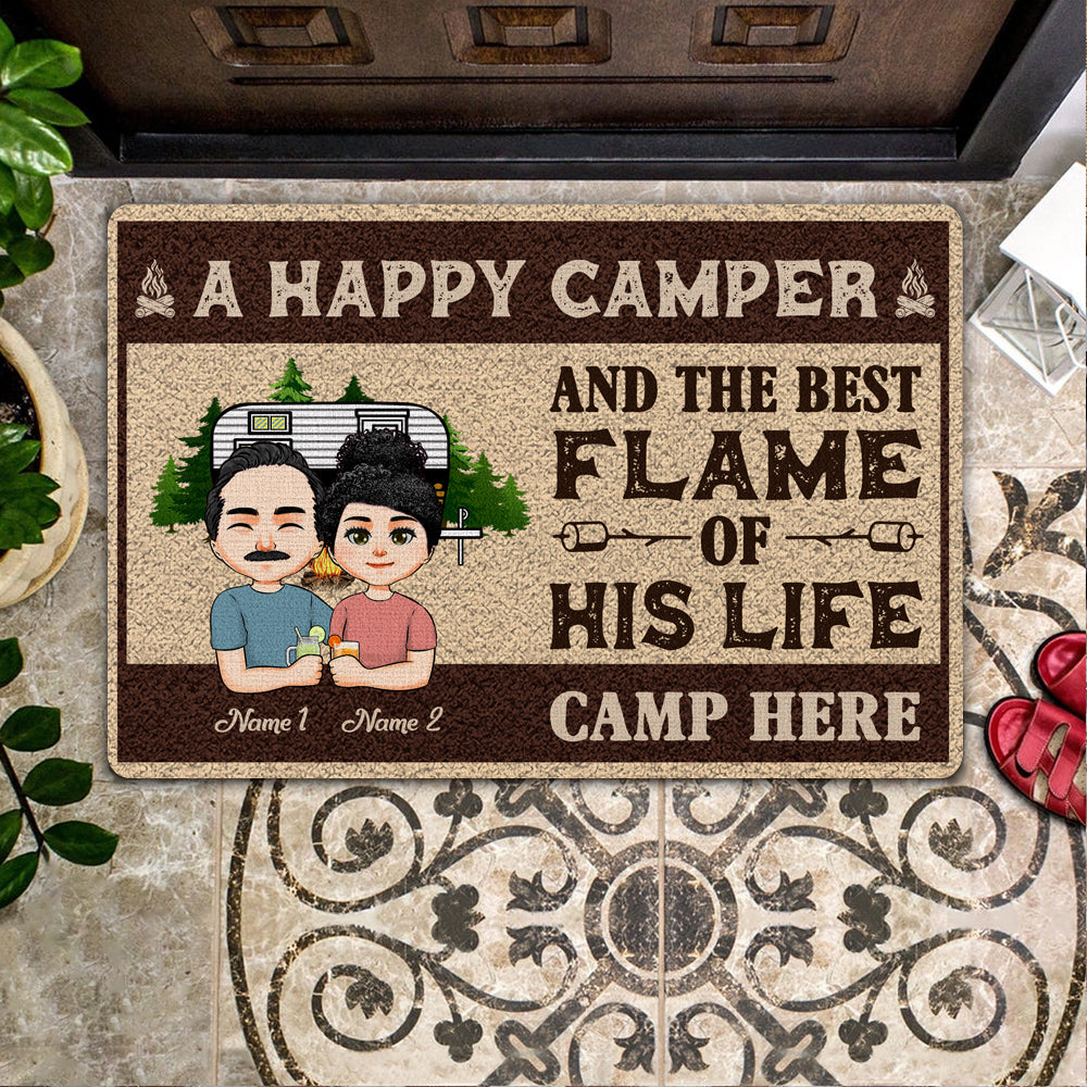 Camping Custom Doormat Happy Camper And The Best Flame Of His Life Live Here Personalized Gift