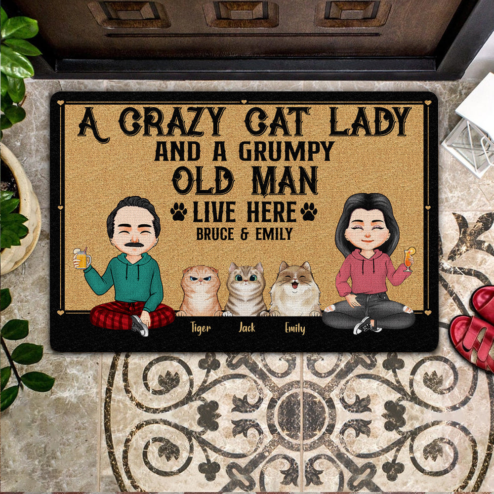 Cat Custom Doormat A Crazy Cat Lady And A Grumpy Old Man Live Here Personalized Gift