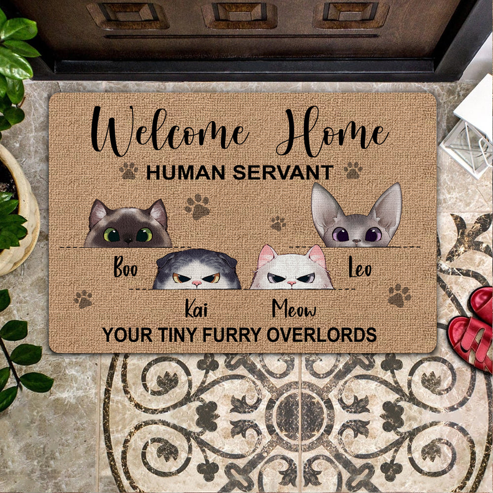 Cat Custom Doormat Welcome Home Human Servant Your Tiny Furry Overlords Personalized Gift Cat Lover