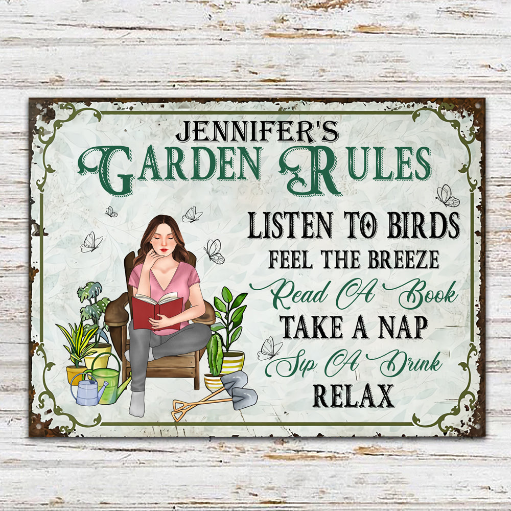 Gardening Custom Metal Sign Garden Rules Read A Book Sip A Drink Personalized Gift