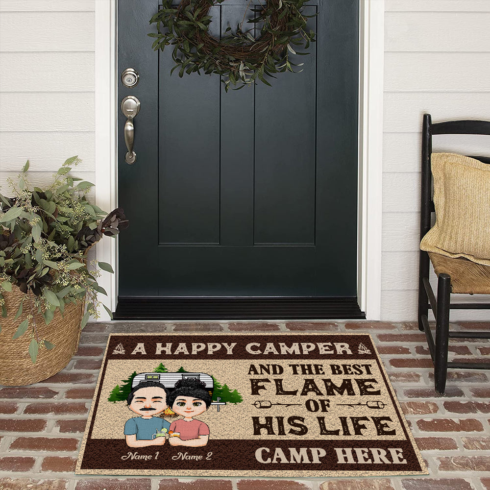 Camping Custom Doormat Happy Camper And The Best Flame Of His Life Live Here Personalized Gift