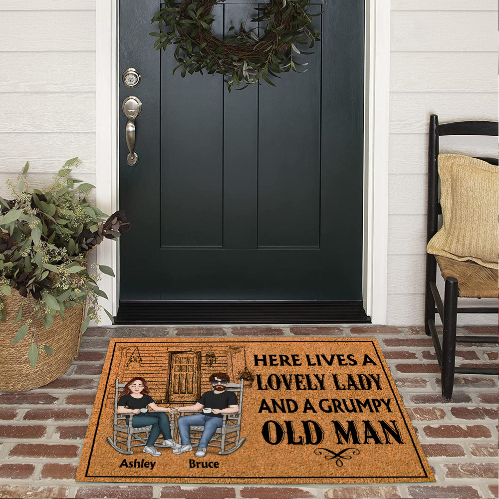 Married Couple Custom Doormat Here's Live A Lovely Lady And Grumpy Old Man Personalized Gift