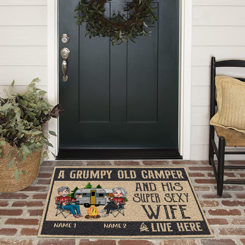 Camping Custom Doormat A Grumpy Old Camper And His Super Sexy Wife Live Here Personalized Gift