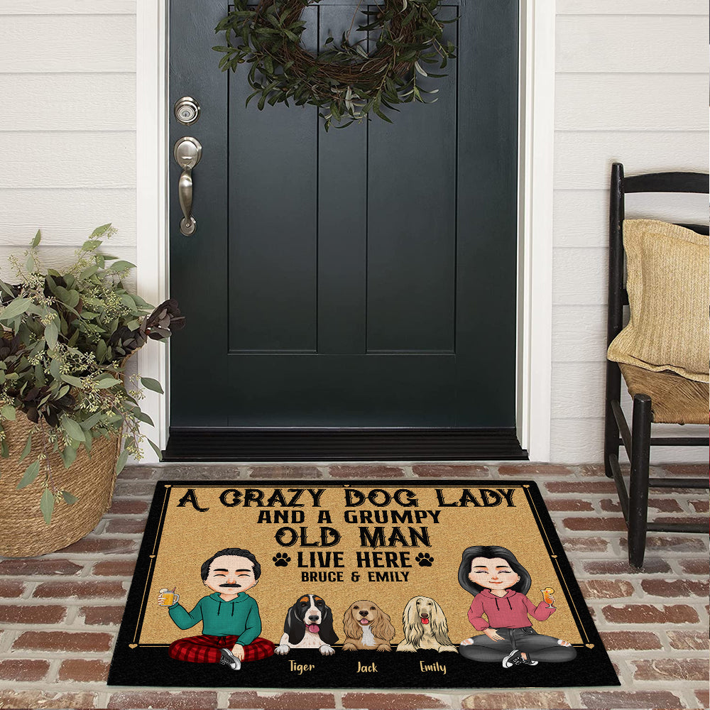 Dog Custom Doormat A Crazy Dog Lady And A Grumpy Old Man Live Here Personalized Gift