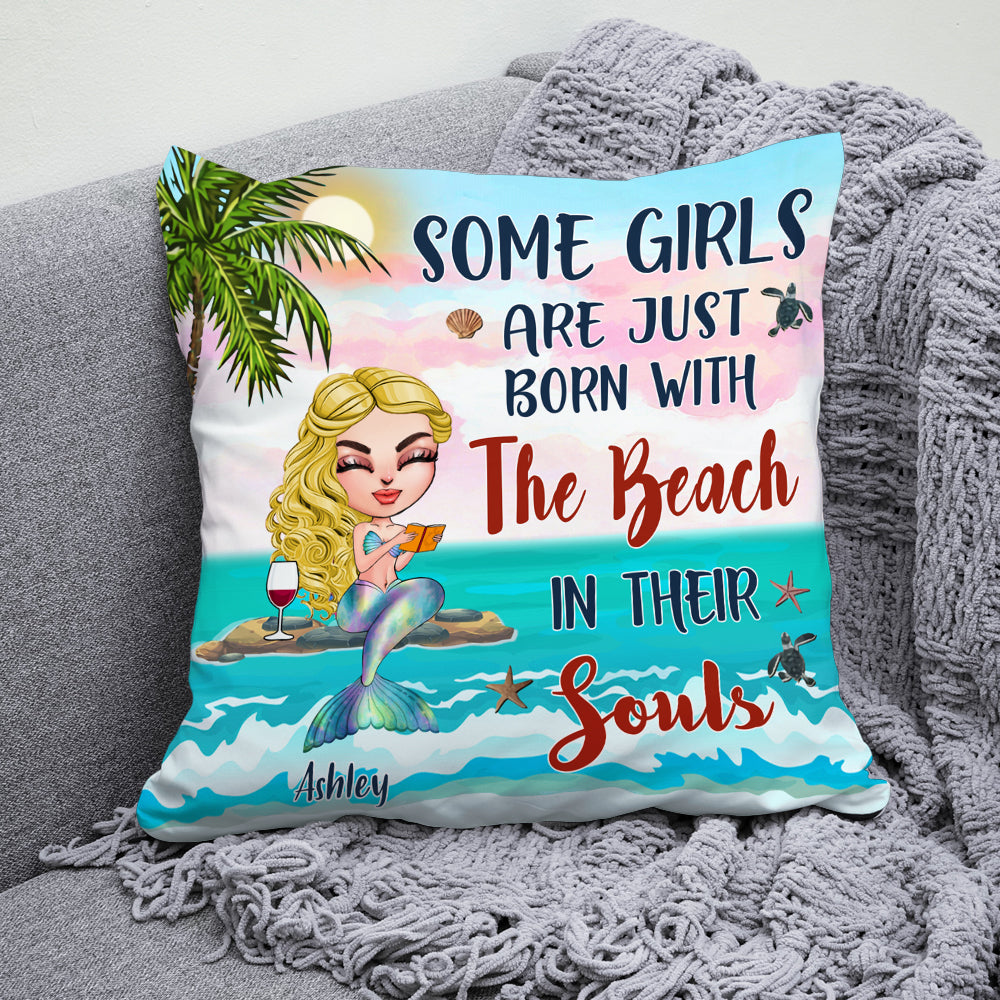 Mermaid Book Lover Custom Pillow Some Girls Are Born With The Beach In Their Souls Personalized Gift