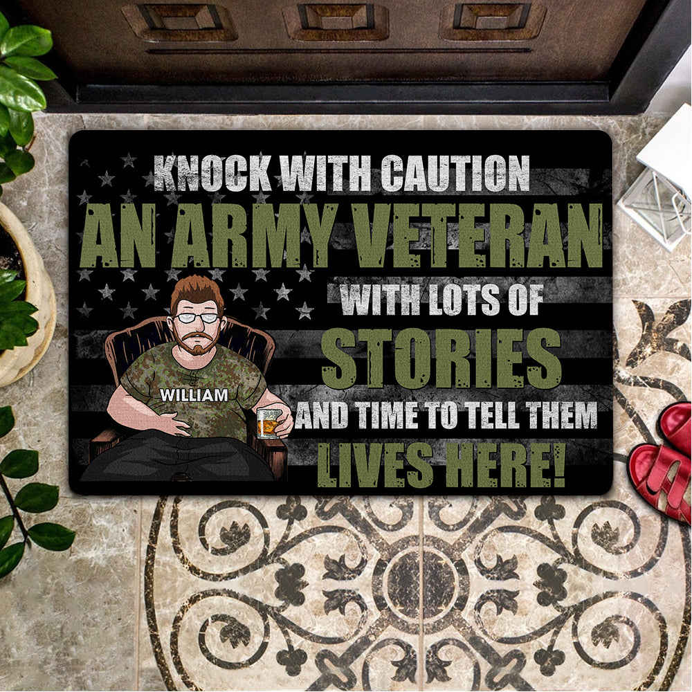 Veteran Custom Doormat Knock With Caution A Veteran Lives Here Personalized Gift