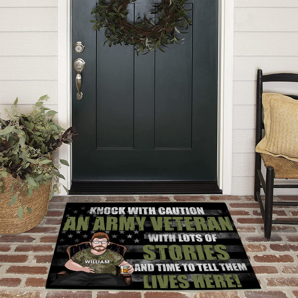 Veteran Custom Doormat Knock With Caution A Veteran Lives Here Personalized Gift