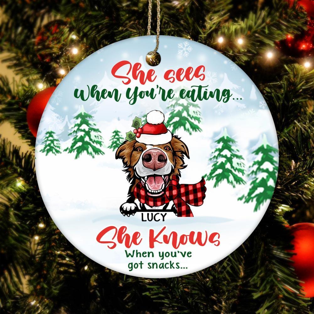 Dog Circle Ornament Personalized Name and Breed Dog He Sees When You're Eating - PERSONAL84