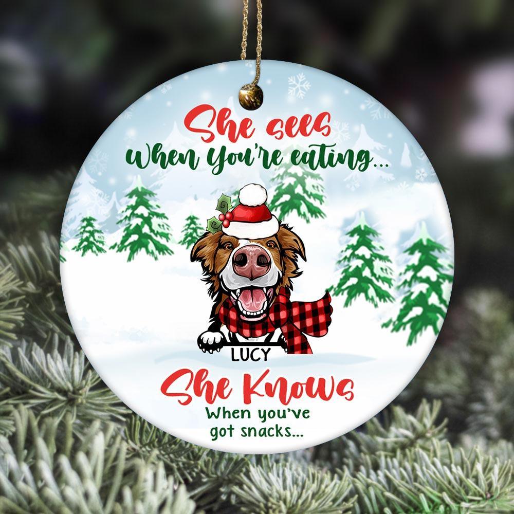 Dog Circle Ornament Personalized Name and Breed Dog He Sees When You're Eating - PERSONAL84