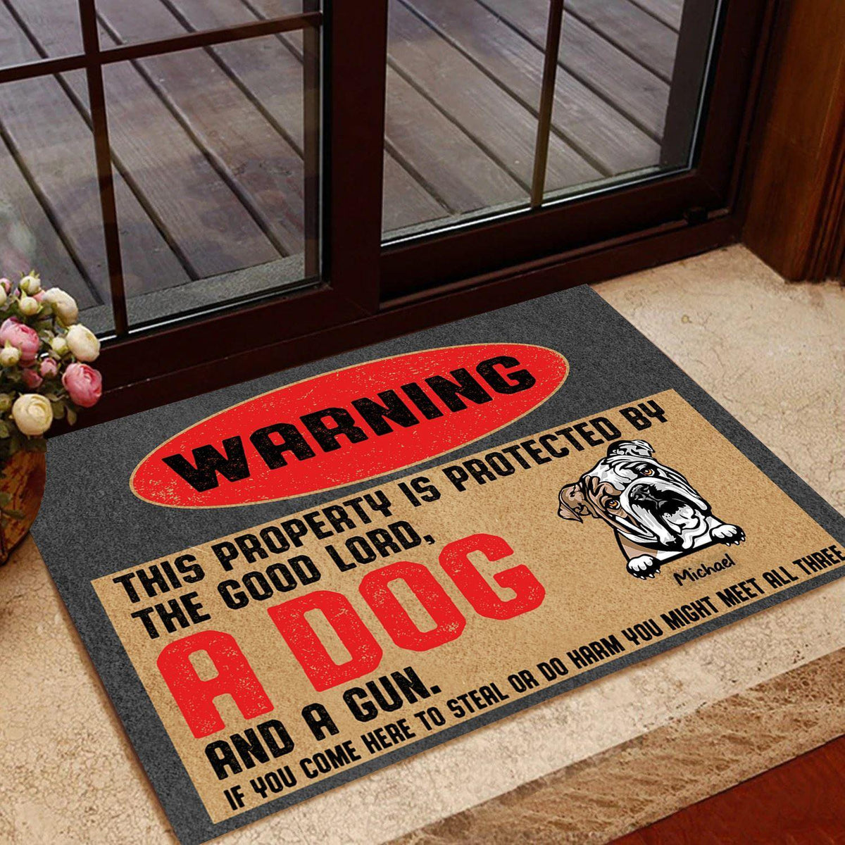 Dog Gun Custom Doormat This Property Is Protected By The Good Lord, Dogs And A Gun Personalized Gift - PERSONAL84