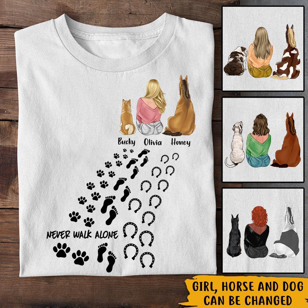 Dog Mom Custom T Shirt Never Walk Alone Horse And Dog Personalized Gift - PERSONAL84