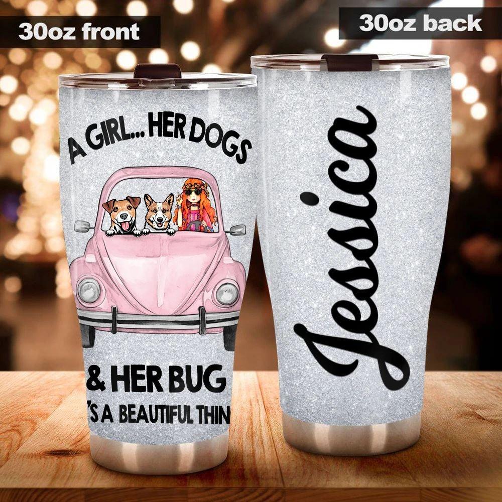 Dog X Bug Car Tumbler Customized Names and Breeds Bug Car Dog It's A Beautiful Thing - PERSONAL84