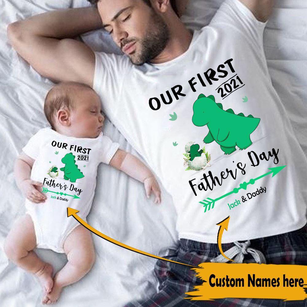 Father's Day Dinosaur Custom T Shirt & Baby Onesie Our First Father's Day 2021 New Dad Gift - PERSONAL84