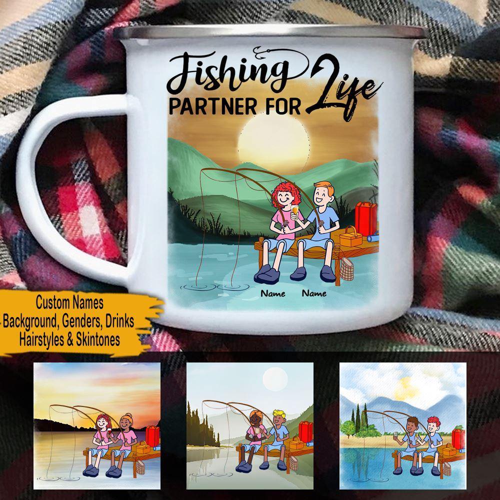 Fishing Couple Bestie Custom Enameled Mug Fishing Partner For Life Personalized Gift - PERSONAL84
