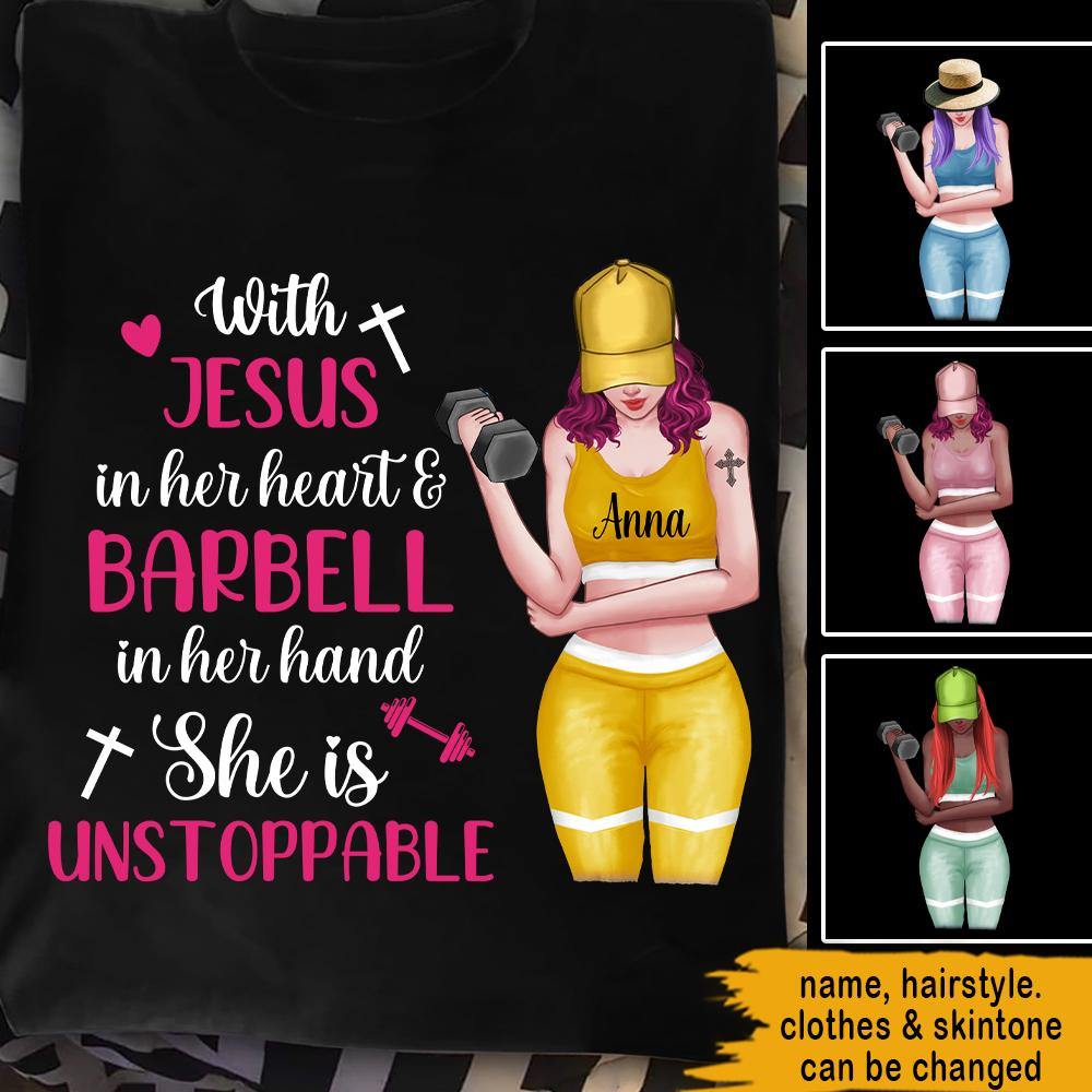 Gym Custom T Shirt With Jesus In Her Heart & Barbell In Her Hand Personalized Gift - PERSONAL84