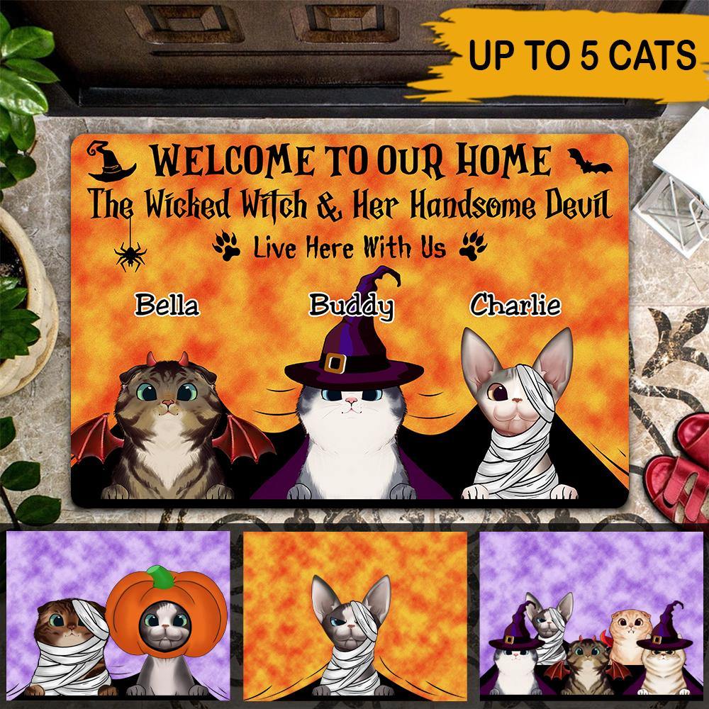 Halloween Cats Custom Doormat The Wicked Witch & Her Handsome Devil Live Here With Us Personalized Gift - PERSONAL84