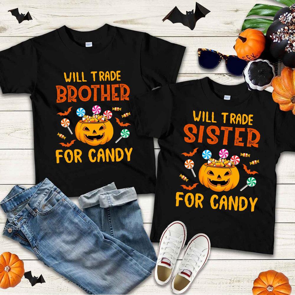 Kid Funny Halloween Custom Shirt Will Trade Brother Sister For Candy Personalized Gift - PERSONAL84