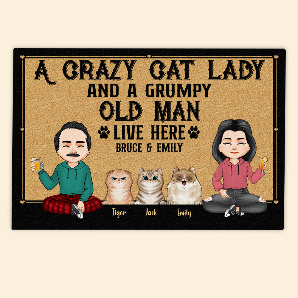 Cat Custom Doormat A Crazy Cat Lady And A Grumpy Old Man Live Here Personalized Gift