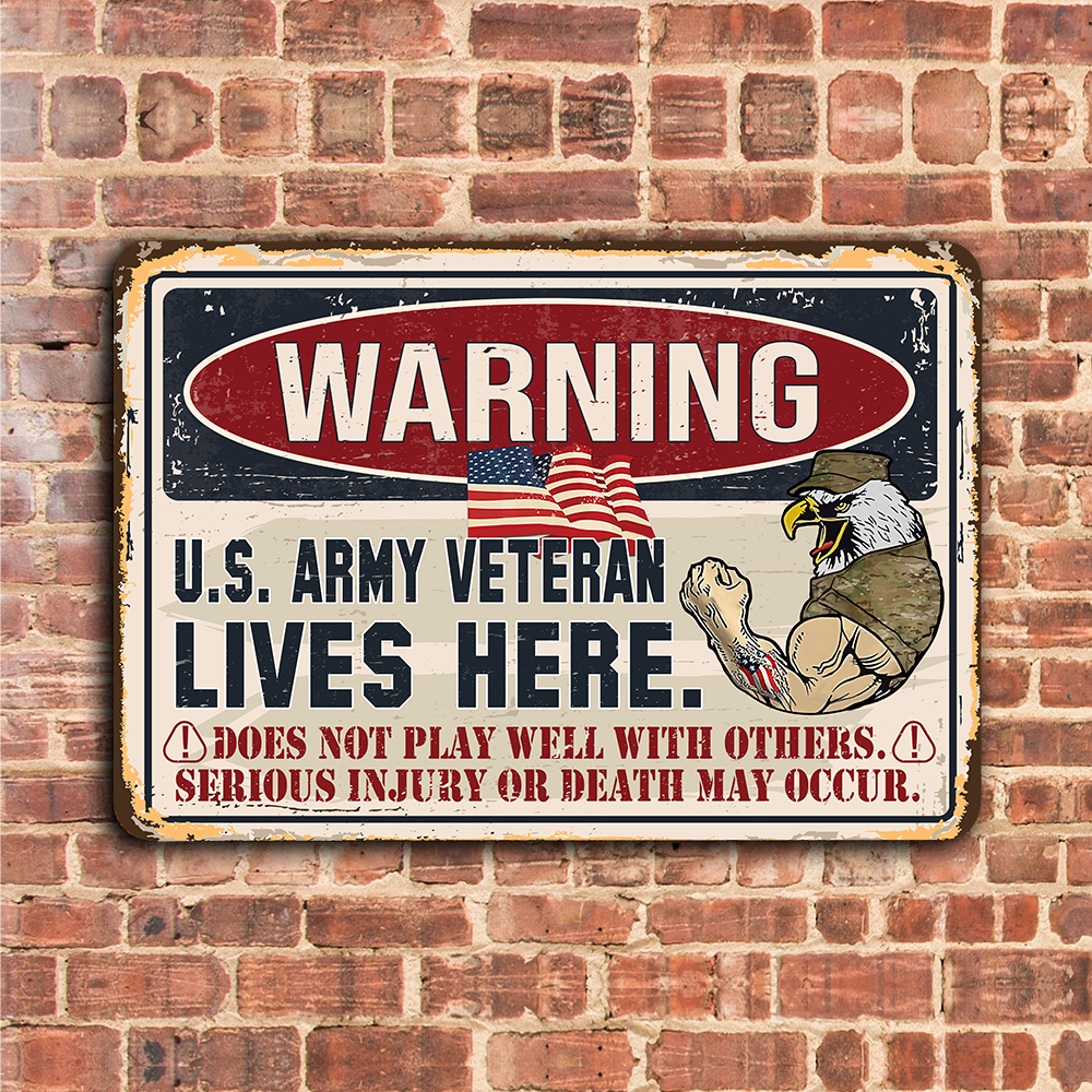 Veteran Custom Metal Sign Warning U.S. Veteran Lives Here Personalized Gift