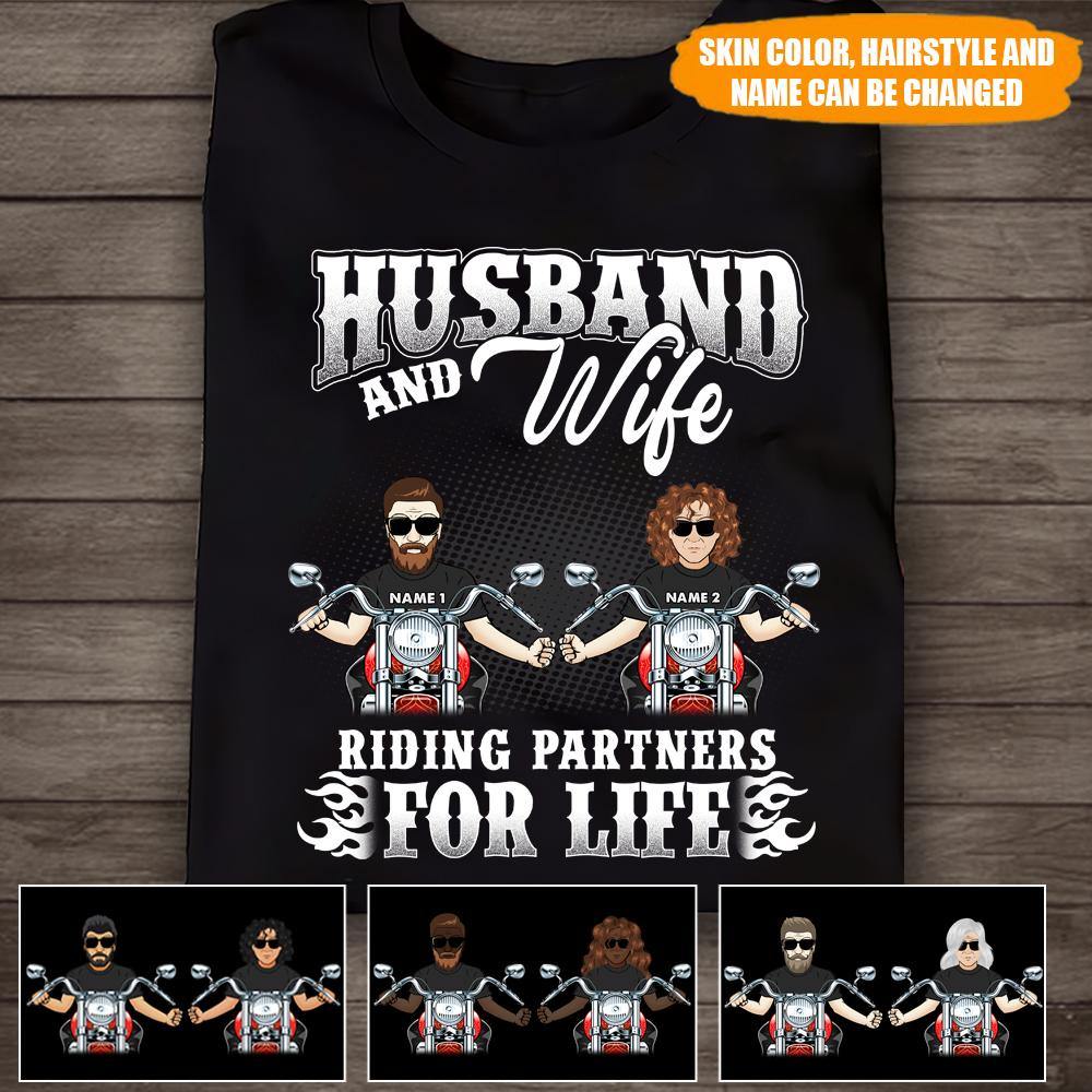 Motorcycle Custom T Shirt Husband And Wife Riding Partners For Life  Personalized Gift