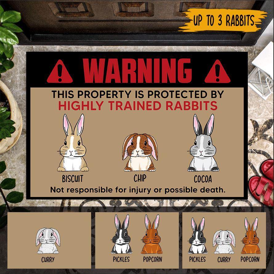 Rabbit Custom Doormat Warning This Property Is Protected By Highly Trained Rabbits Personalized Gift - PERSONAL84