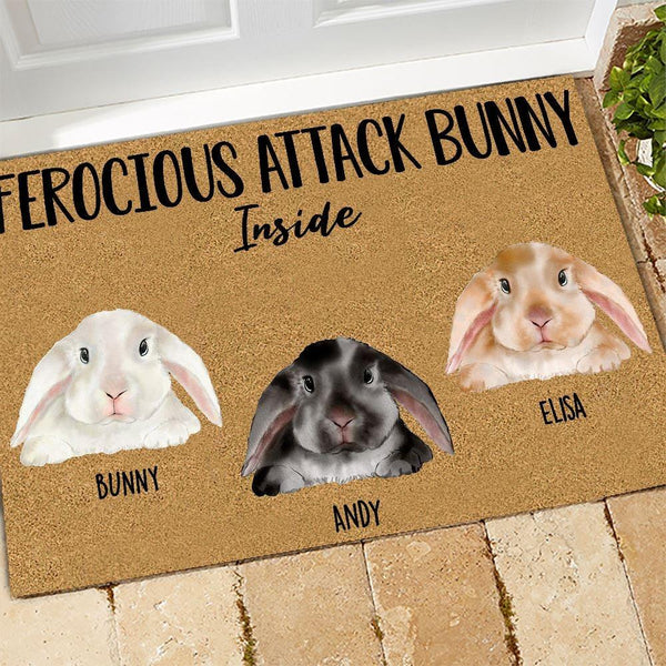 Rabbit Doormat Personalized Name and Color Ferocious Attack Bunny Inside