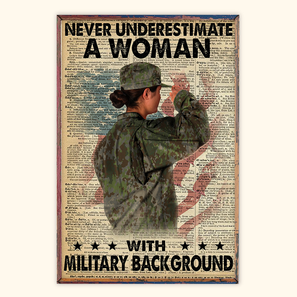 Female Veteran Custom Poster Never Underestimate An Old Woman With Military Background Personalized Gift