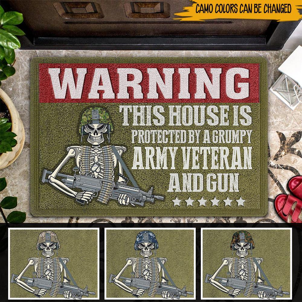 Veteran Custom All Over Printed Doormat Warning This House Is Protected By A Grumpy Army Veteran & Gun Personalized Gift - PERSONAL84