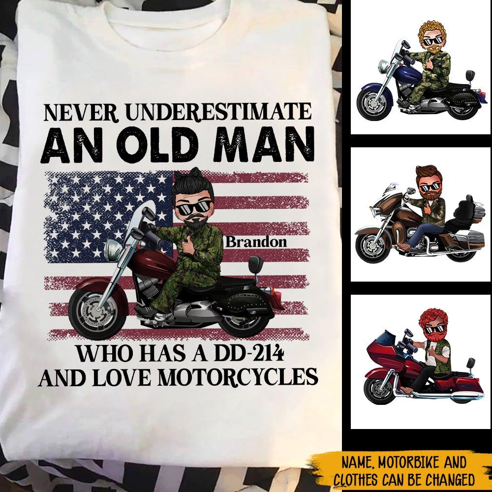 Veteran Custom Shirt Never Underestimate An Old Man Who Has A DD-214 And Love Motorcycles Personalized Gift - PERSONAL84