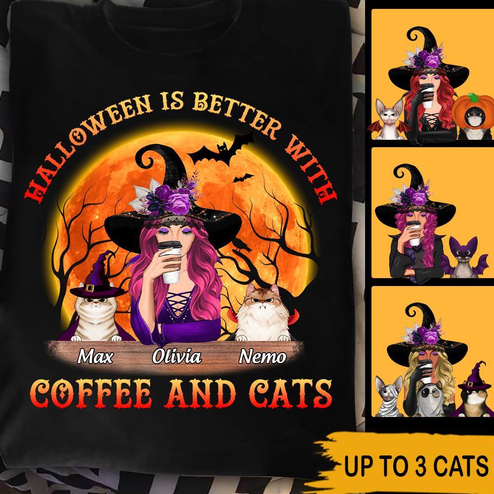 Witch Cat Lovers Custom T Shirt Halloween Is Better With Coffee And Cats Personalized Gift - PERSONAL84