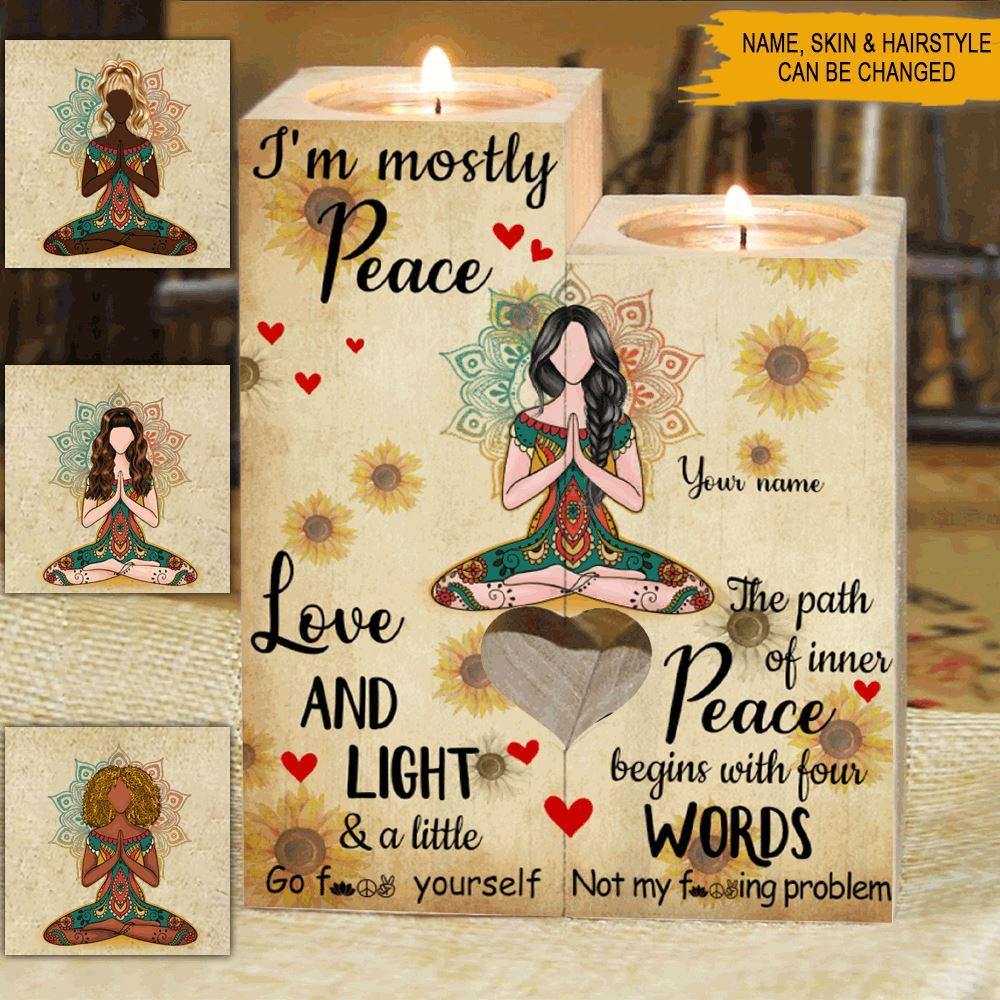 Yoga Family Custom Wooden Candlestick I'm Mostly Peace, Love And Light Personalized Gift - PERSONAL84